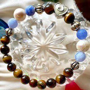 Tigers Eye, Fresh Water Pearls and Sodalite Precious Stone Bracelet